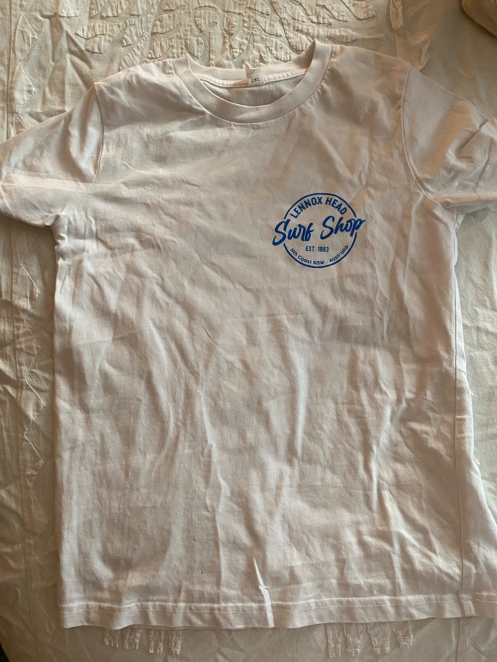 Sz 8, unisex, Lennox Head Australia Surf Shop White Graphic Tee - Blue Logo